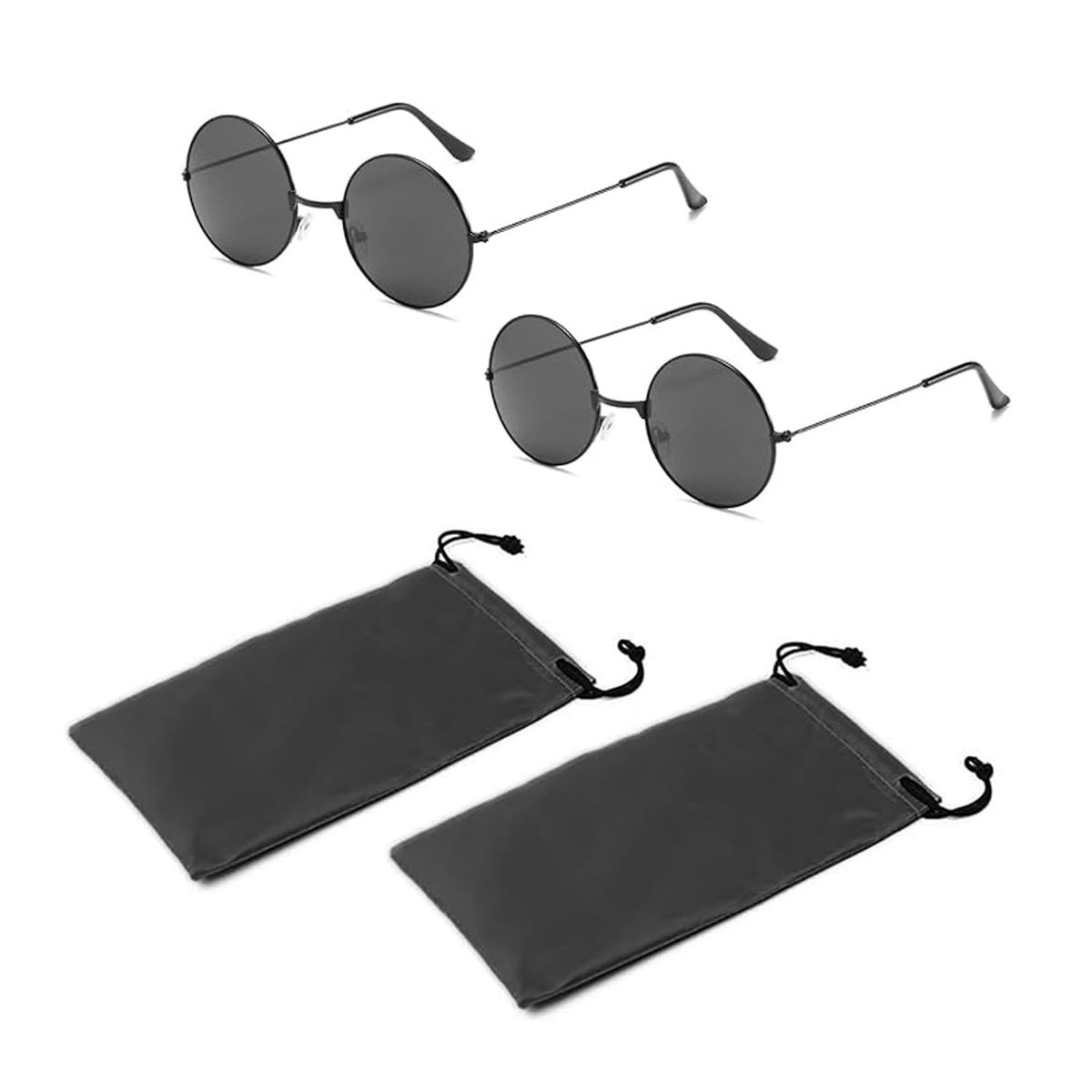 Dailygoods- Zonnebril Unisex - Ronde Zonnebril - Zwart Montuur - Grijze Lenzen - 2 Paar - Inclusief Opbergtasjes - Zonnebrillen
