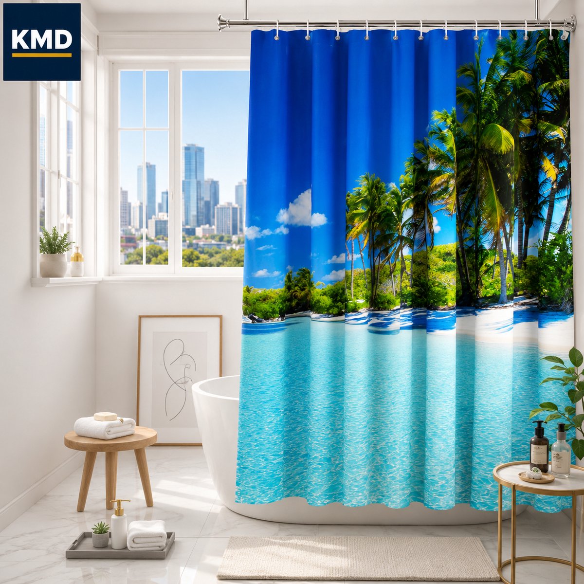 KMD Douchegordijn 200x220 cm Schimmelbestendig Textiel - Strand Zee Palmbomen - Machinewasbaar - Met 12 Metalen Ringen