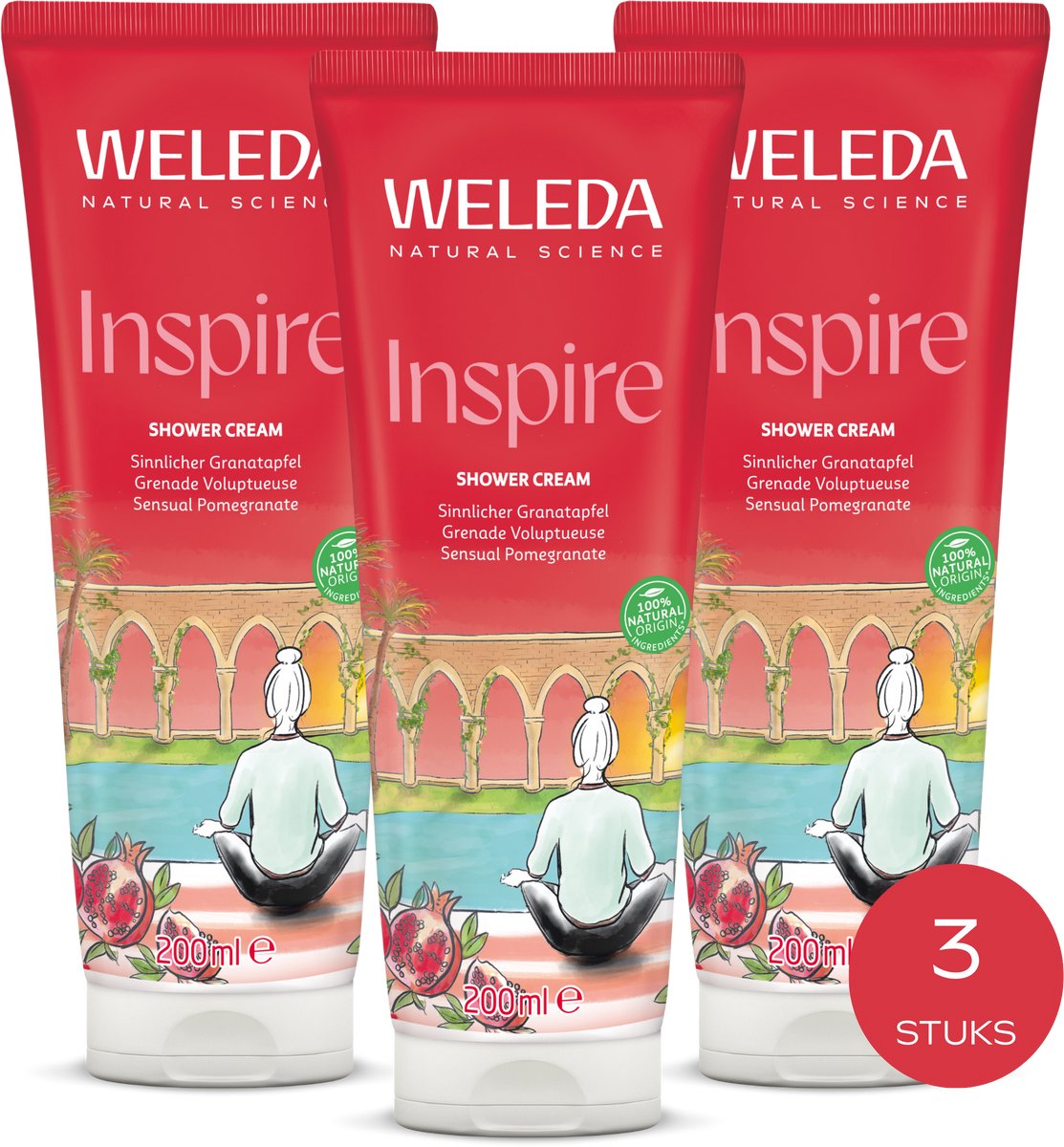 WELEDA Granaatappel Inspire Douchecrème - 3 x 200ml - Voordeelverpakking - Geur Van Sinaasappel, Sandelhout & Neroli - Reinigt Mild & Droogt De Huid Niet Uit - 100% Natuurlijke Ingrediënten - 600 ml