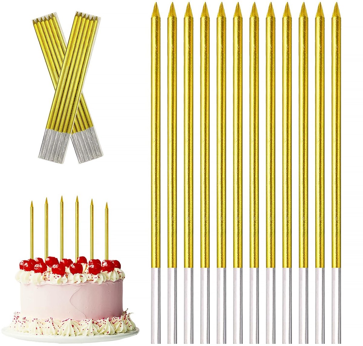 Dailygoods - Verjaardagskaarsen, goud, 12 stuks, metallic taartkaarsen, verjaardag, taartkaarsen kinderen, lange dunne cupcake-kaarsen voor decoratie, verjaardag, bruiloft, feest