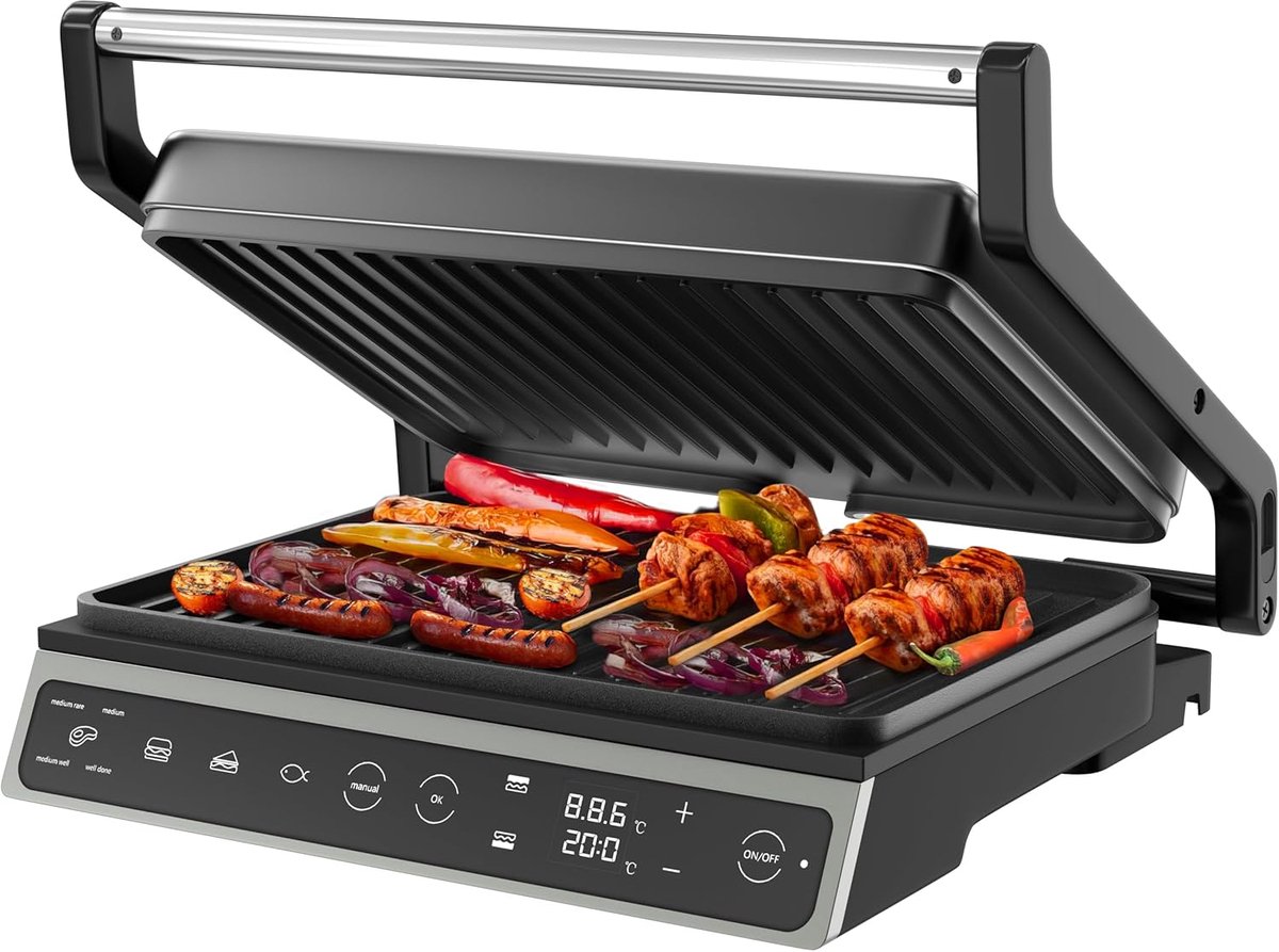 Contact Grill - Panini Maker - Snelle Maaltijden - 7 Automatische Programma's - 27x22 cm - Zwart