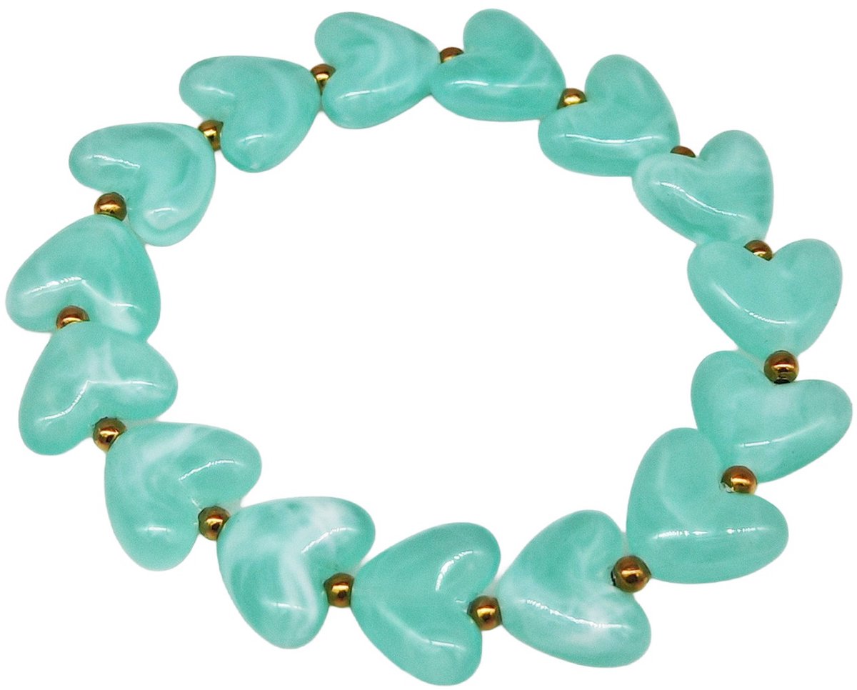 Elastische armband - RVS kralen - hartjes - blauw