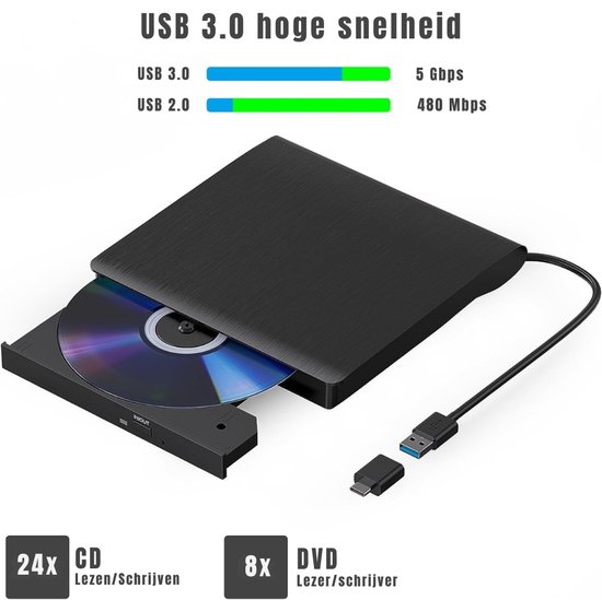 KAD® DVD Speler - USB 3.0 en Type-C - DVD Speler Laptop - DVD Brander - Zwart - 30cm x 30cm x 30cm — afbeelding 4