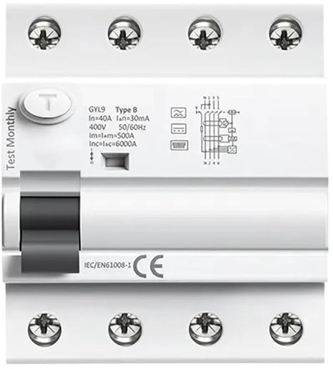 Aardlekschakelaar - Veiligheidsschakelaar - Elektrische Beveiliging - Type B - 40A 300mA - Grijs