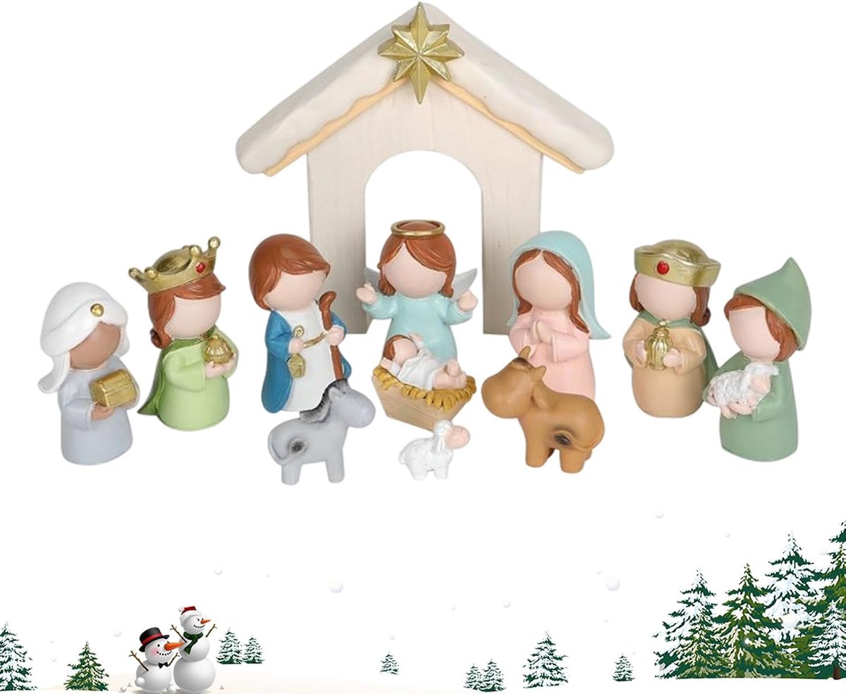 Kerststal Figuren - Heilige Familie - Kerstversiering Huis - Set van Twaalf - 31x31x7.3 cm - Kleurrijk