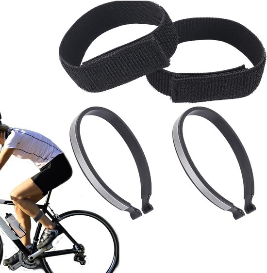 Twee zwarte reflecterende beenbanden en twee zwarte klittenbandsluitingen voor fietsbroeken.