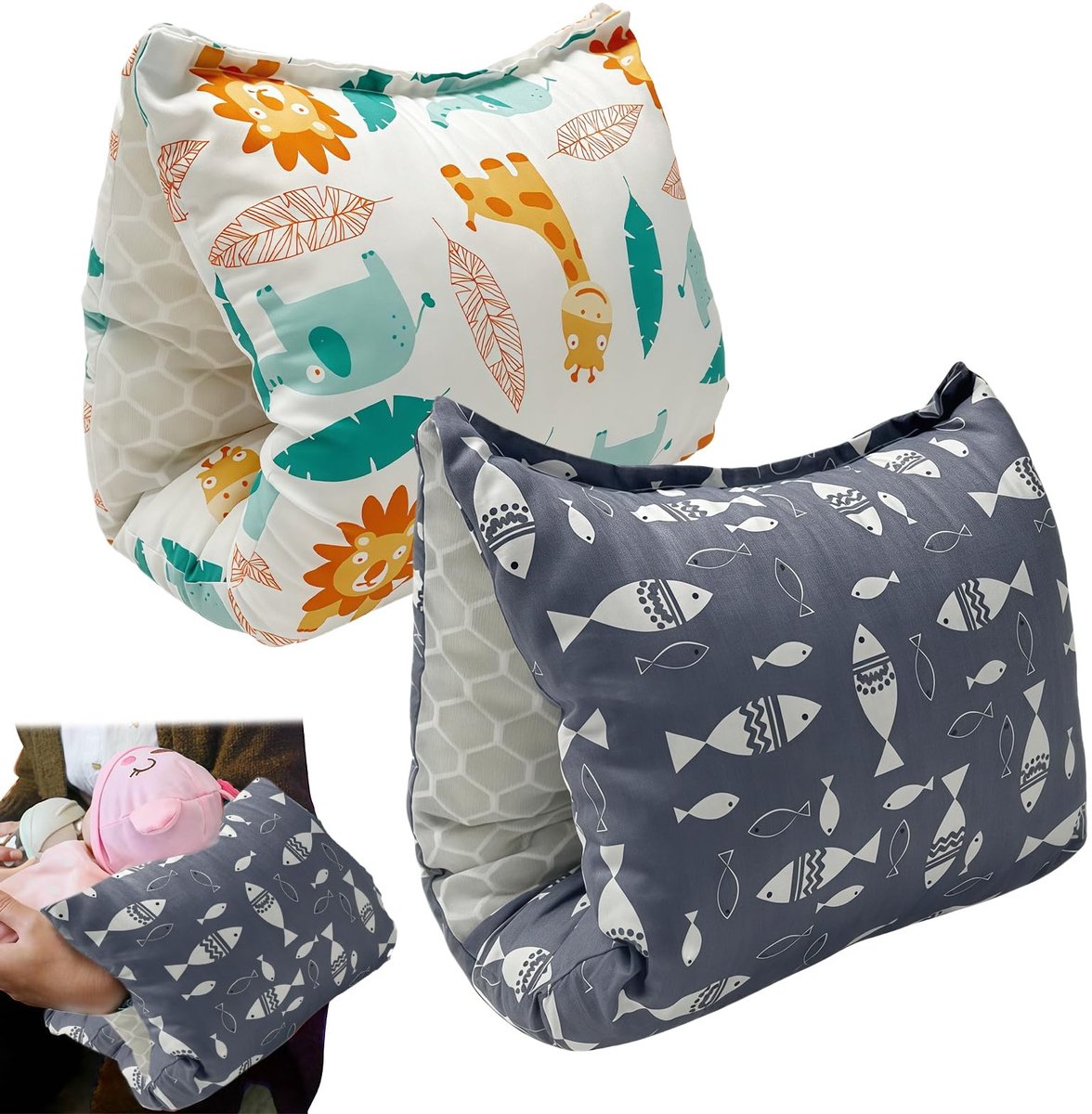 Dailygoods - Arm-voedingskussen voor onderweg: 2 stuks baby voedingskussen met katoen, ergonomische ondersteuning en ondersteuningskussen, voor comfortabele borstvoeding en voeding (23 cm × 18 cm, grijs