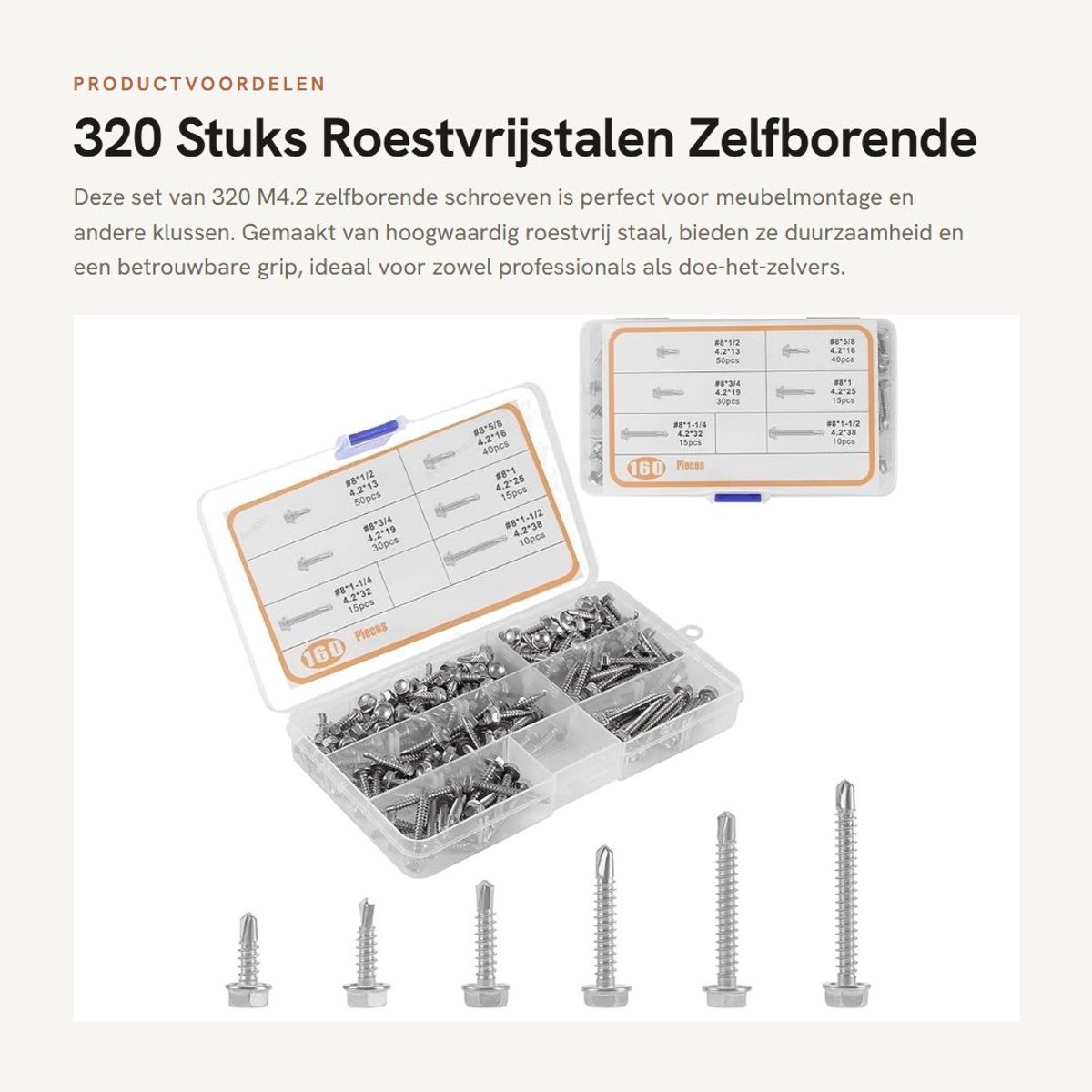 Dailygoods- Zelfborende Schroeven 320 Stuks - M4.2 Zeskantkop - Roestvrij Staal - Plaatschroeven - Zelftappende Metalen Schroeven - Opbergdoos met Maten