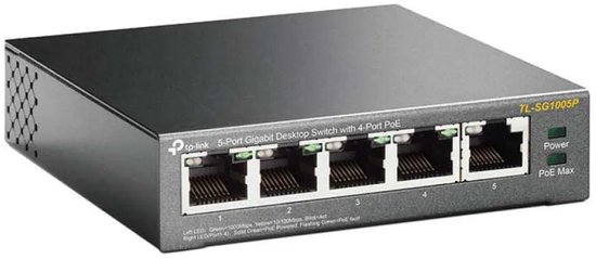 Zwarte TP-Link 5-Poorts Gigabit Desktop Switch met 4-Poort PoE. Ventilatie aan de zijkant. Linker LED's voor snelheid, rechter LED's voor PoE status.
