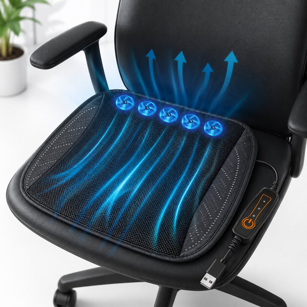 Ulisem Auto ventilatie koelzitkussen USB 5 ventilatoren stoelkoeler ademende mesh koelmat 3 standen 12V 24V auto en thuis gebruik zwart