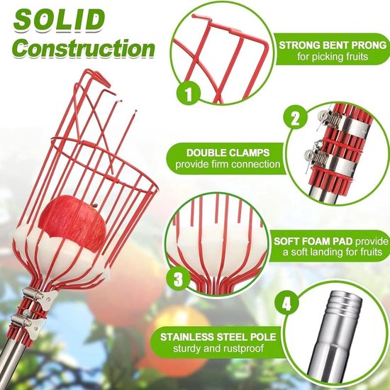 Fruitplukker met Mand - Oogststok - Fruit Plukken - Uitschuifbaar Handvat - 4 Meter Lengte - Zilver — afbeelding 3
