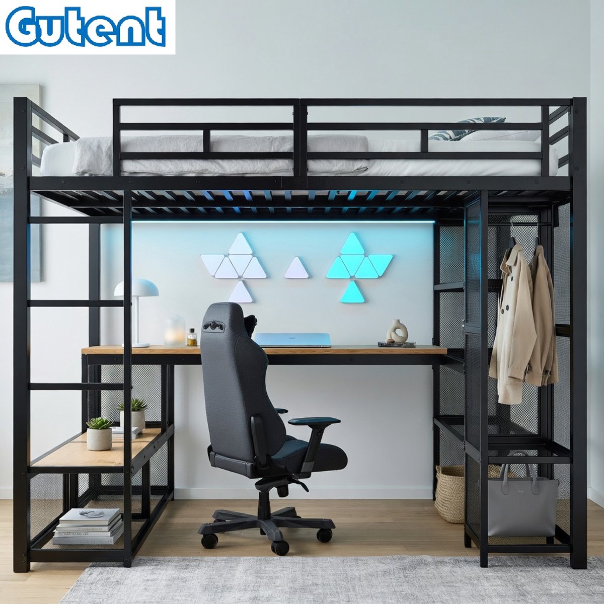 Gutent-Hoogslaper met bureau en kledingkast-140x200 cm-LED-verlichting-USB-aansluiting-zwart