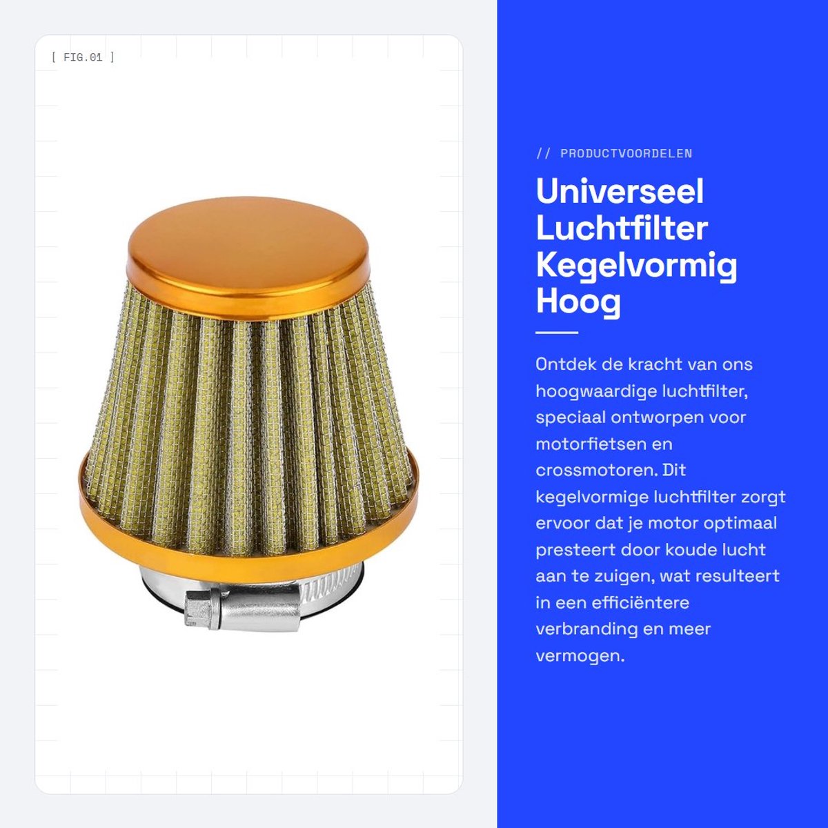 Dailygoods - Universeel Luchtfilter - Kegelvormig - Hoog debiet - Goudkleurig - Voor motorfiets en crossmotor - Koude luchtinlaat inductiekit