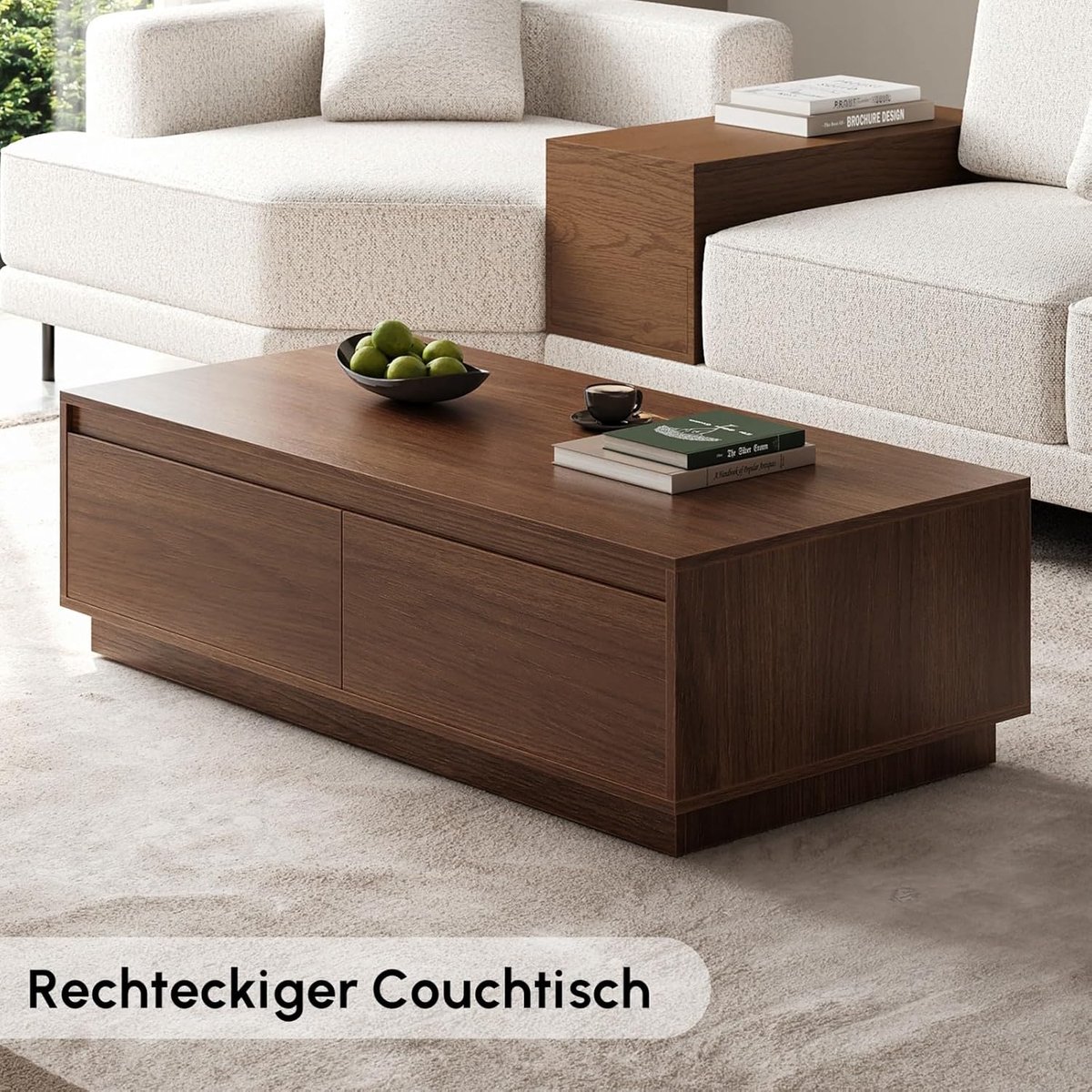 Salontafel 120x60x35 cm met 4 Laden en Opbergruimte - Rechthoekige Walnoot Koffietafel van Hout - Mid Century Moderne Woonkamertafel - Walnootkleur - Mobili Bella