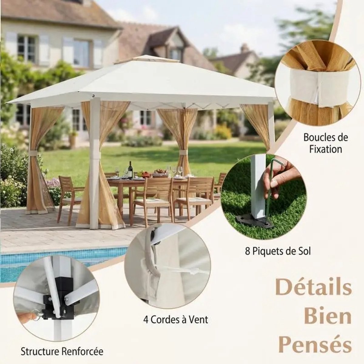 Dailygoods Pop-up partytent 394 x 394 cm, opvouwbare luifel met muggengaas en dubbel dak, draagtas, zonnescherm, beige