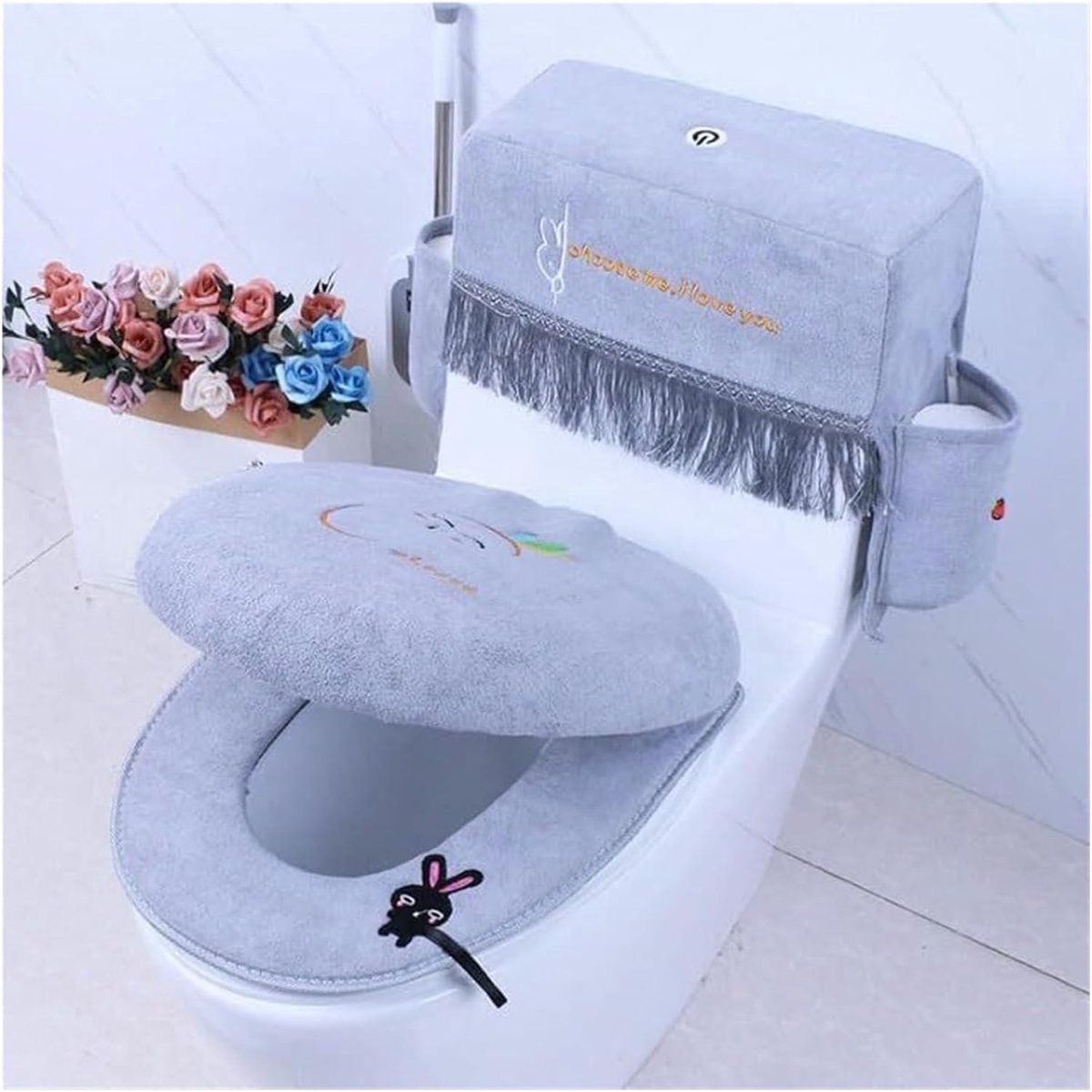 Pluche toiletstoelhoezen - Badkamer set - Extra comfort - Met opbergzakken - 3-delig - Grijs