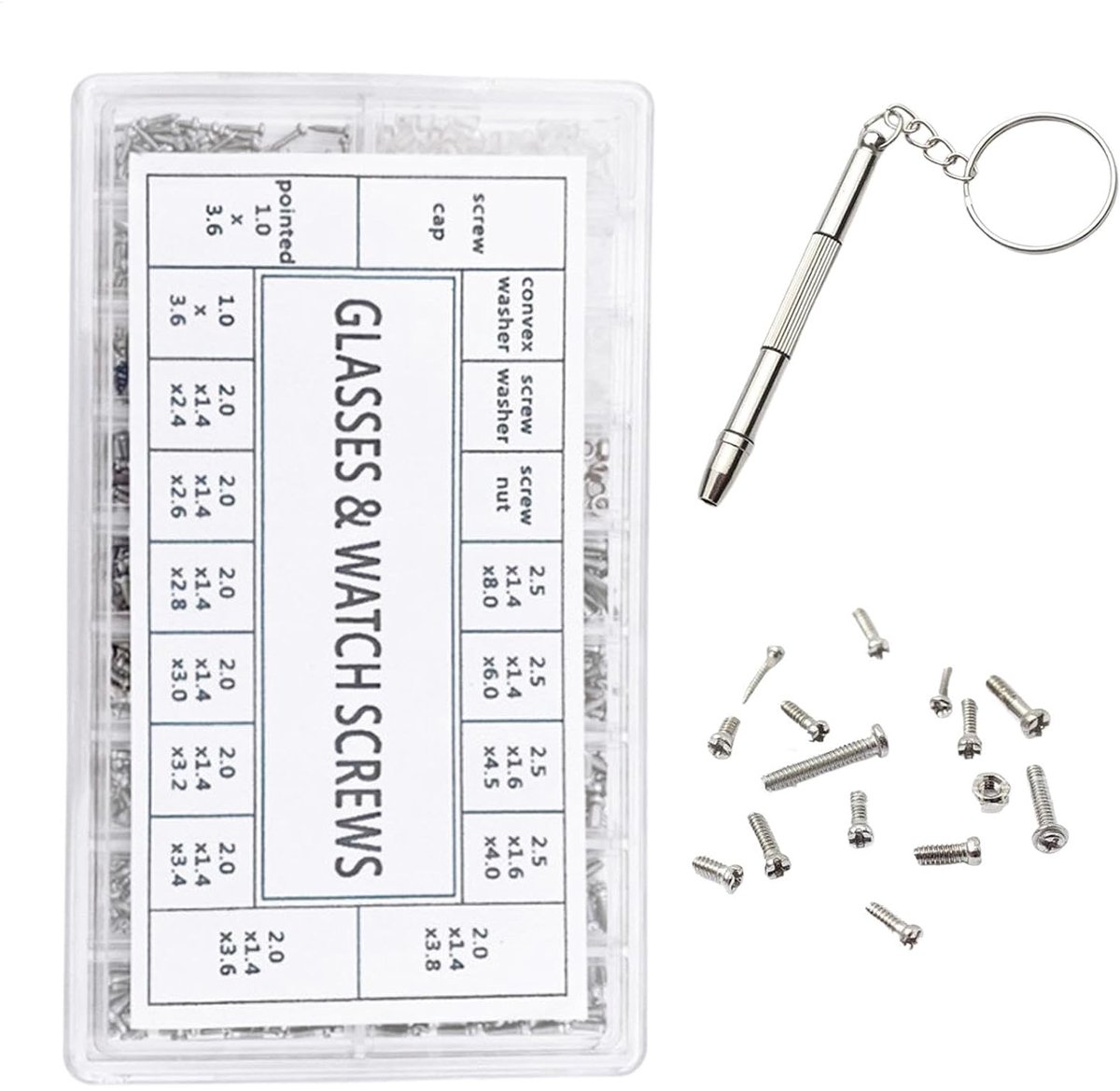 Reparatieset Brillen - Schroefjes Set - Precisie Reparaties - Inclusief Sleutelhanger - 1000 Schroeven - Zilverkleurig