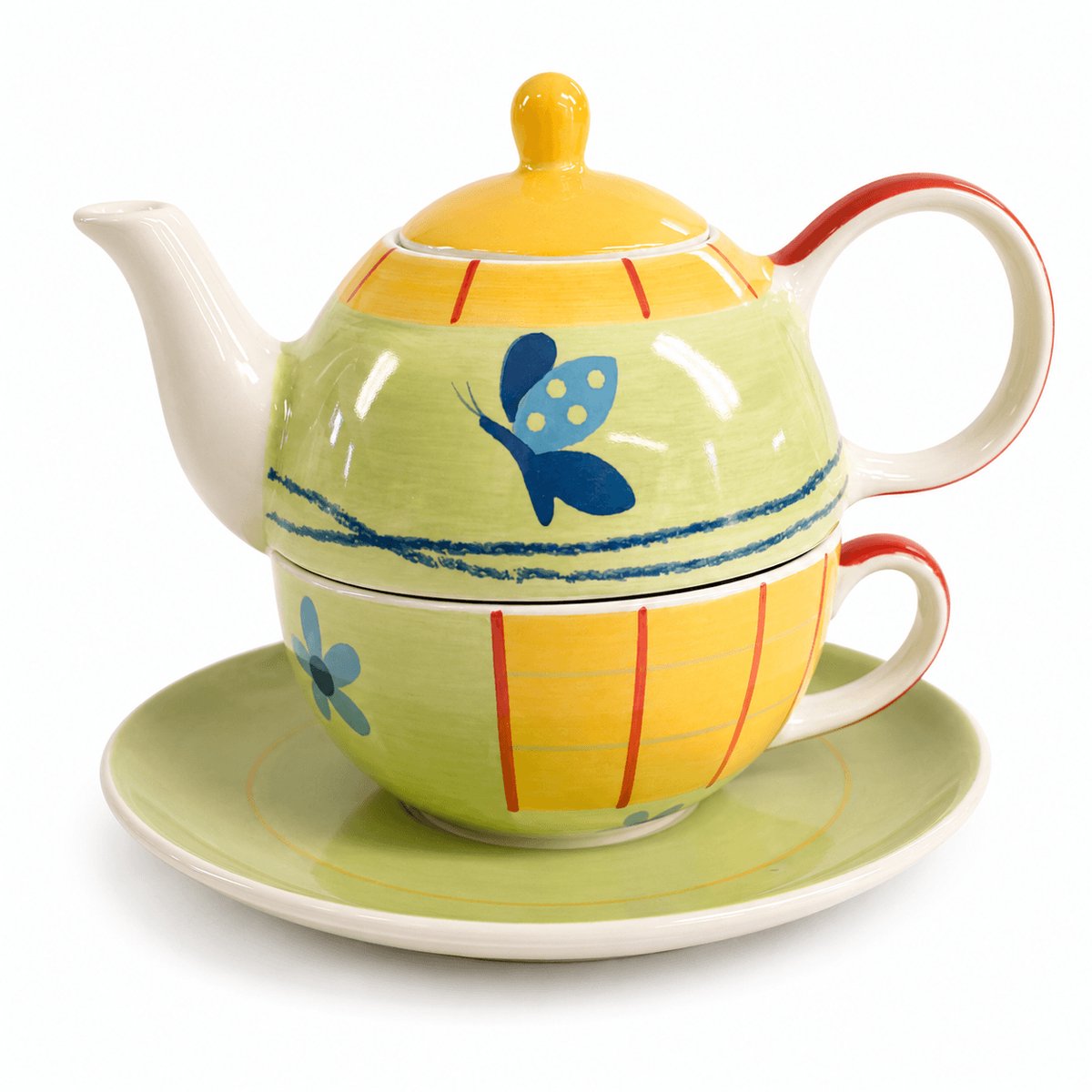Handgeschilderde Tea for One Set - Keramische Theepot met Kop en Schotel - Vlinder Design