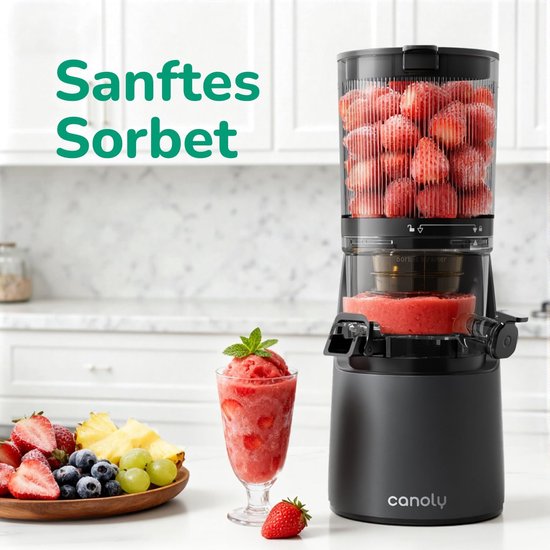 Canoly Slowjuicer 150 mm XXL Vulopening - 3-in-1 Sapcentrifuge voor Sap, Sorbet & Notenmelk - Koud Persen - 2,6L - BPA-vrij - Stille AC Motor - 99,6% Sapopbrengst van Canoly — afbeelding 5