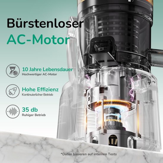 Canoly Slowjuicer 150 mm XXL Vulopening - 3-in-1 Sapcentrifuge voor Sap, Sorbet & Notenmelk - Koud Persen - 2,6L - BPA-vrij - Stille AC Motor - 99,6% Sapopbrengst van Canoly — afbeelding 3