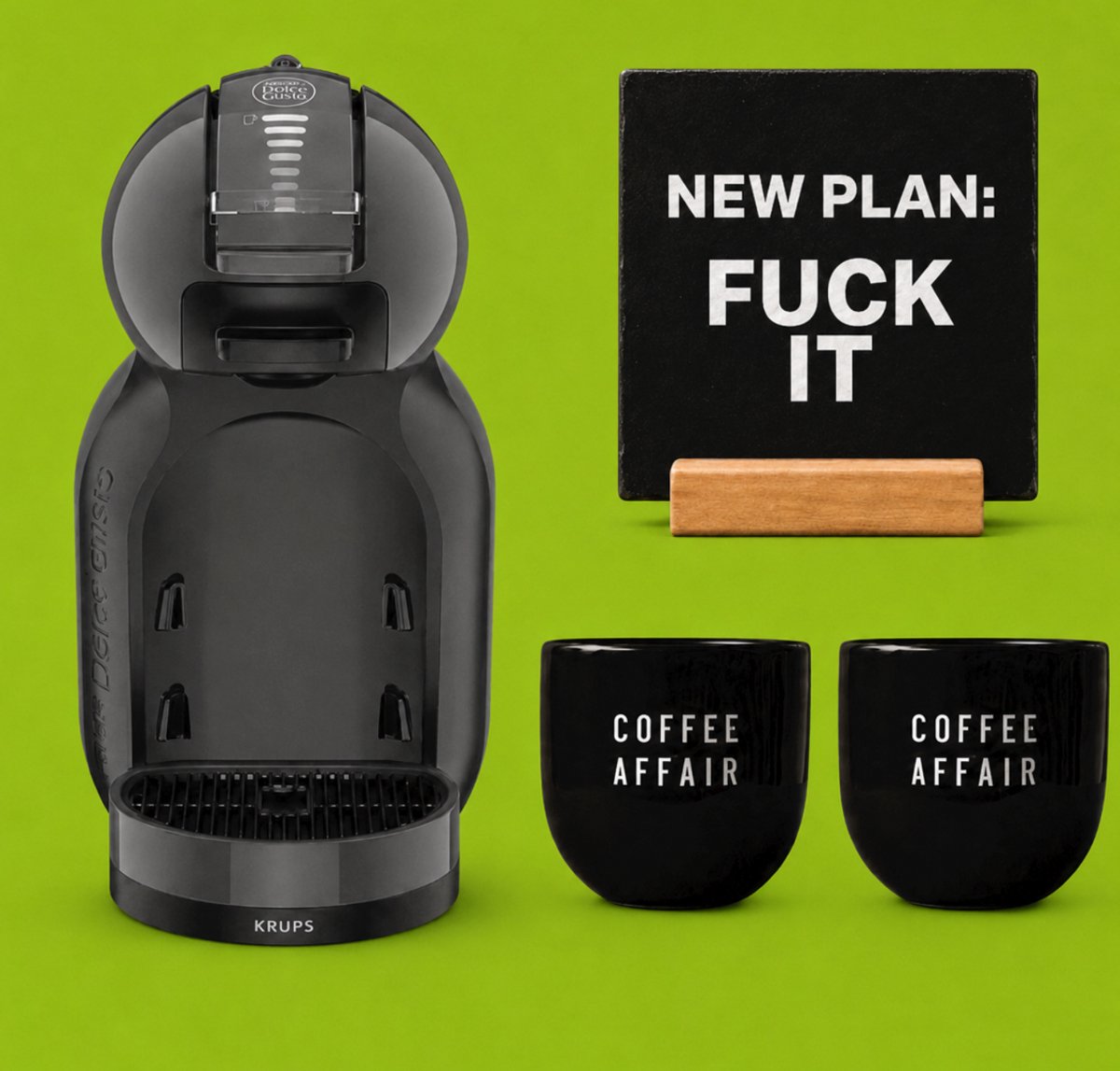 KRUPS NESCAFÉ Dolce Gusto MiniMe KP120810 - Koffiecupmachine - Antraciet / zwart + 2 zwarte mokken "Coffee Affair" + zwarte tegel "Fuck it new plan" + tegelhouder - (cadeau)PAKKET