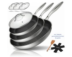 Morelia® 3 delige Keramische Pannenset met Deksels 20, 24, 28 cm - Koekenpannenset - RVS Honingraat - Anti-Aanbakpan - PFAS & PTFE vrij - Inductie, Elektrisch, Keramisch & Gas - Zwart