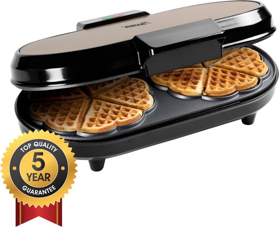 Dubbel hartvormig wafelijzer van Bestron, beige en zwart, met 5 jaar garantie zegel.