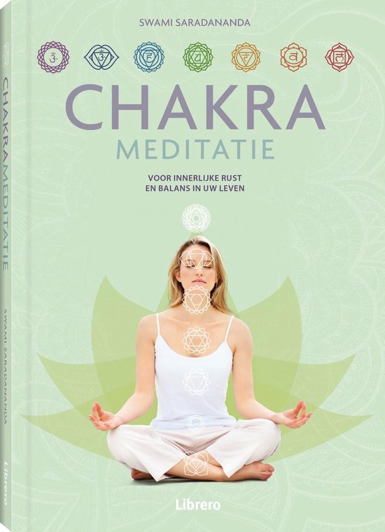Boek "Chakrameditatie" met een vrouw in meditatiehouding, omringd door chakra-symbolen en bloemen.