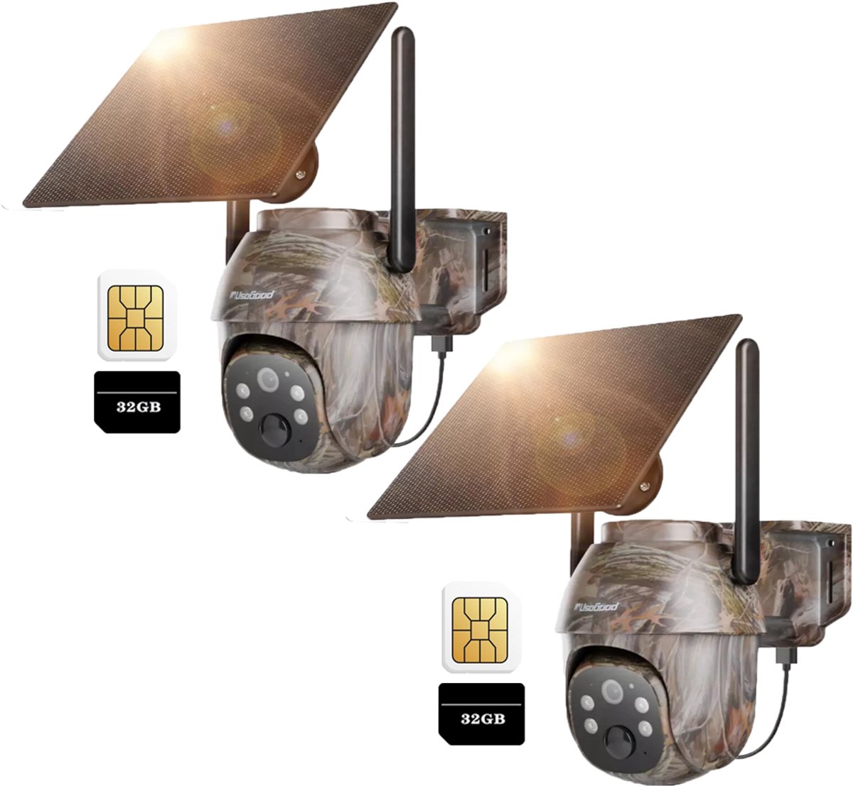 4G LTE-wildcamera op zonne-energie met bewegingsdetector, accu, SIM-kaart en 32G-kaart, 2K-bewakingscamera voor buiten met kleuren-nachtzicht en PIR 2PCS
