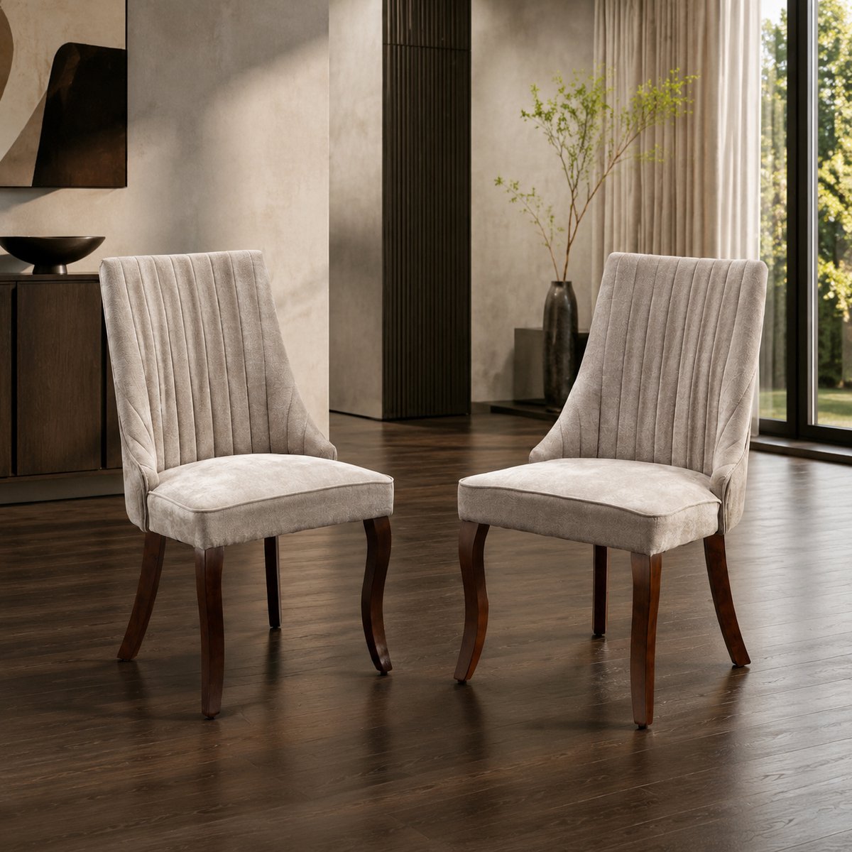 Welltin Eetkamerstoelen - Set Van 2 - Gestoffeerde eetkamerstoel - Eettafelstoel - Eetkamerstoelen - Stof - Met rugleuning - Antislip - Houten stoelpoten - Modern Design - Beige