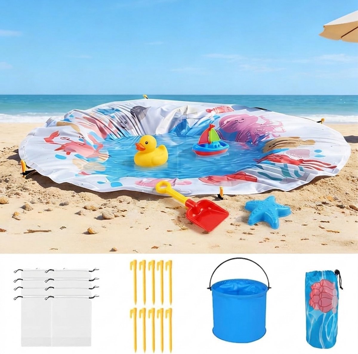 Livatto Strandzwembad voor peuters - 140 cm - Opvouwbaar - Rond - Inclusief draagtas en bevestigingsklemmen - Geschikt voor strand en vakantie