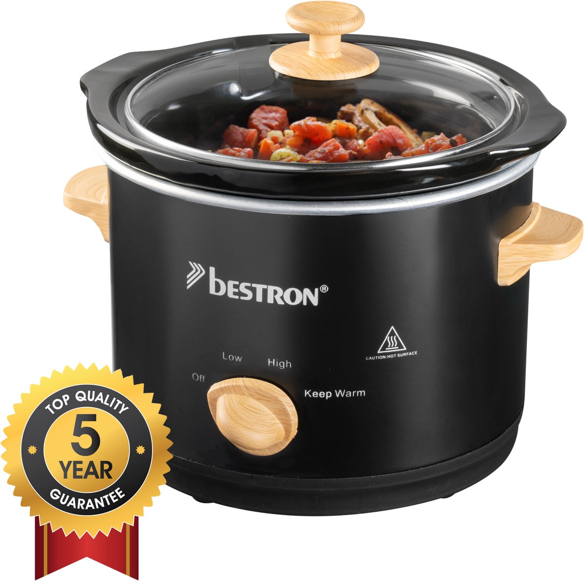 Bol.com Bestron Slowcooker 120W - ASC150BW - 1.5L - Keramische binnenpan - Zwart/Hout - 5 jaar garantie aanbieding