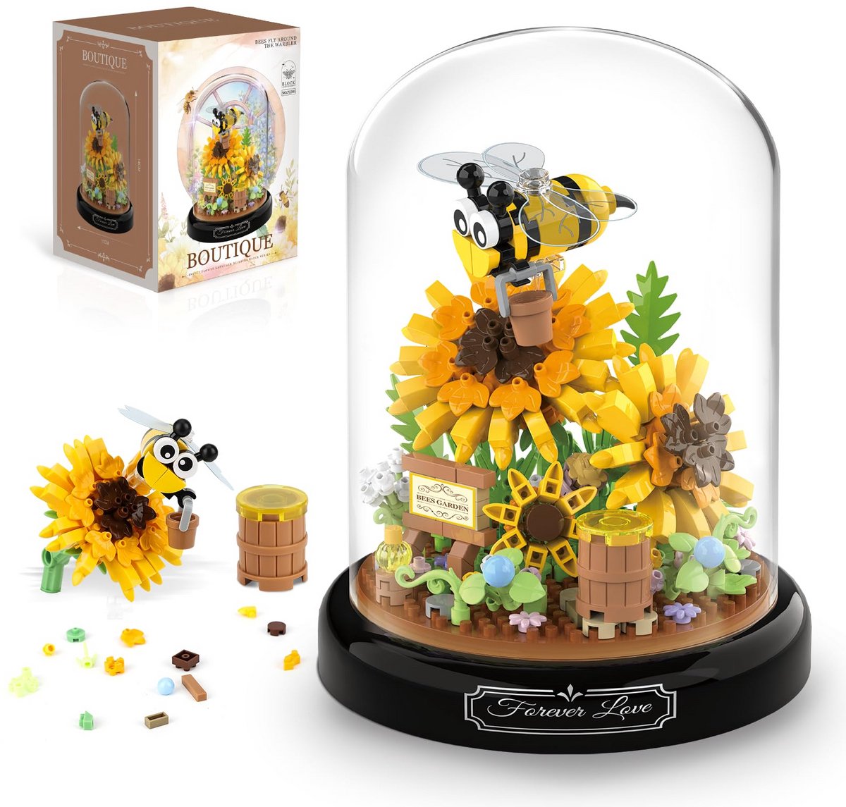 VONKELIOS®Botanische Bloemen Collectie | Mini Bloemenboeket Met Bijen In Glazen Stolp, 548 Bouwstenen, Bouwcadeau Geschikt Voor Volwassenen En Kinderen