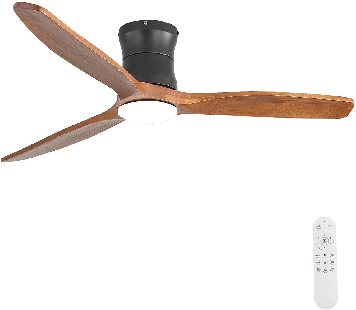 KOMHTOM - Plafondventilator - 132 cm - Met verlichting - Afstandsbediening - Moderne stijl - 3 massief houten bladen - Stille DC-motor - 6 snelheidsstanden