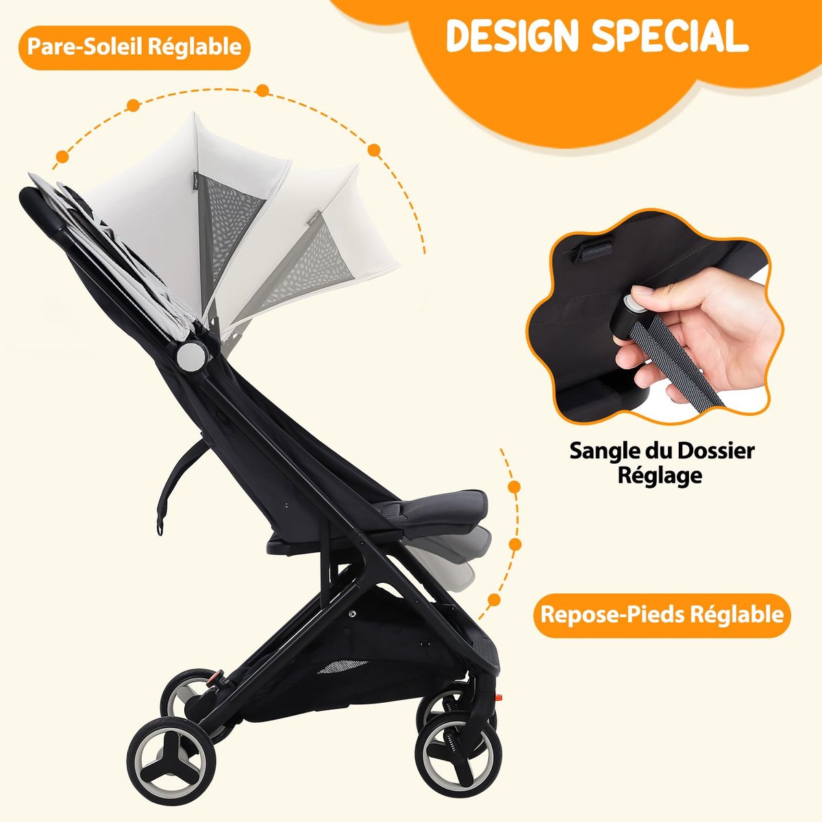 Tri-Fold Kinderwagen T20 - Compacte Opvouwbare Buggy 7,9kg met Ligfunctie - Lichtgewicht Baby Wagen voor Vliegtuig Handbagage - 0-4 Jaar tot 22kg - Grijs – foto 4