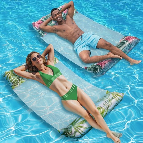 Livatto 2 stuks opblaasbare waterhangmat voor volwassenen, zwembadligstoel & opblaasbaar bed, 120x68 cm, met bladermotief en bloemenpatroon — afbeelding 2
