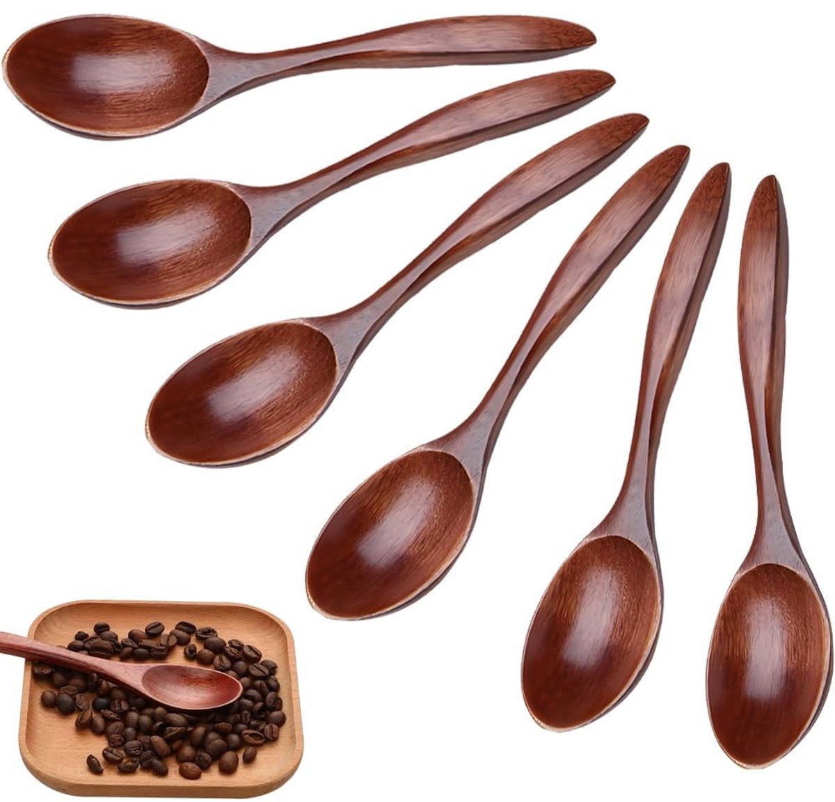 Dailygoods - Natuurlijke houten lepels, 6 stuks honinglepels van hout, houten lepelset, mengen roeren, koken, houten lepel voor warme chocolade, honing, koffie, thee, keukenaccessoires (bruin)