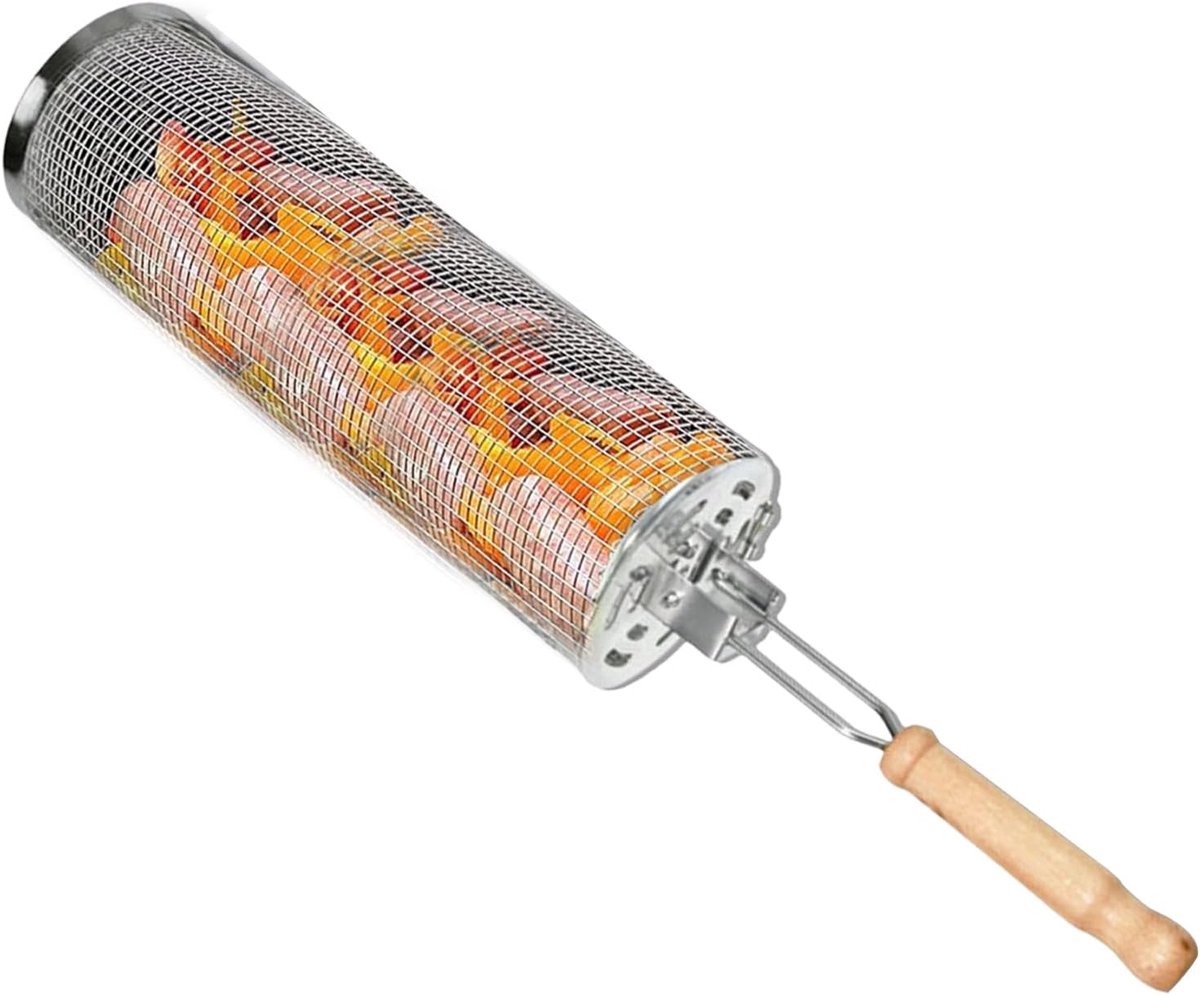 Grillmand Cilinder RVS Grillmand Groenten Grillen Hittebestendig Ontwerp Large Zilver