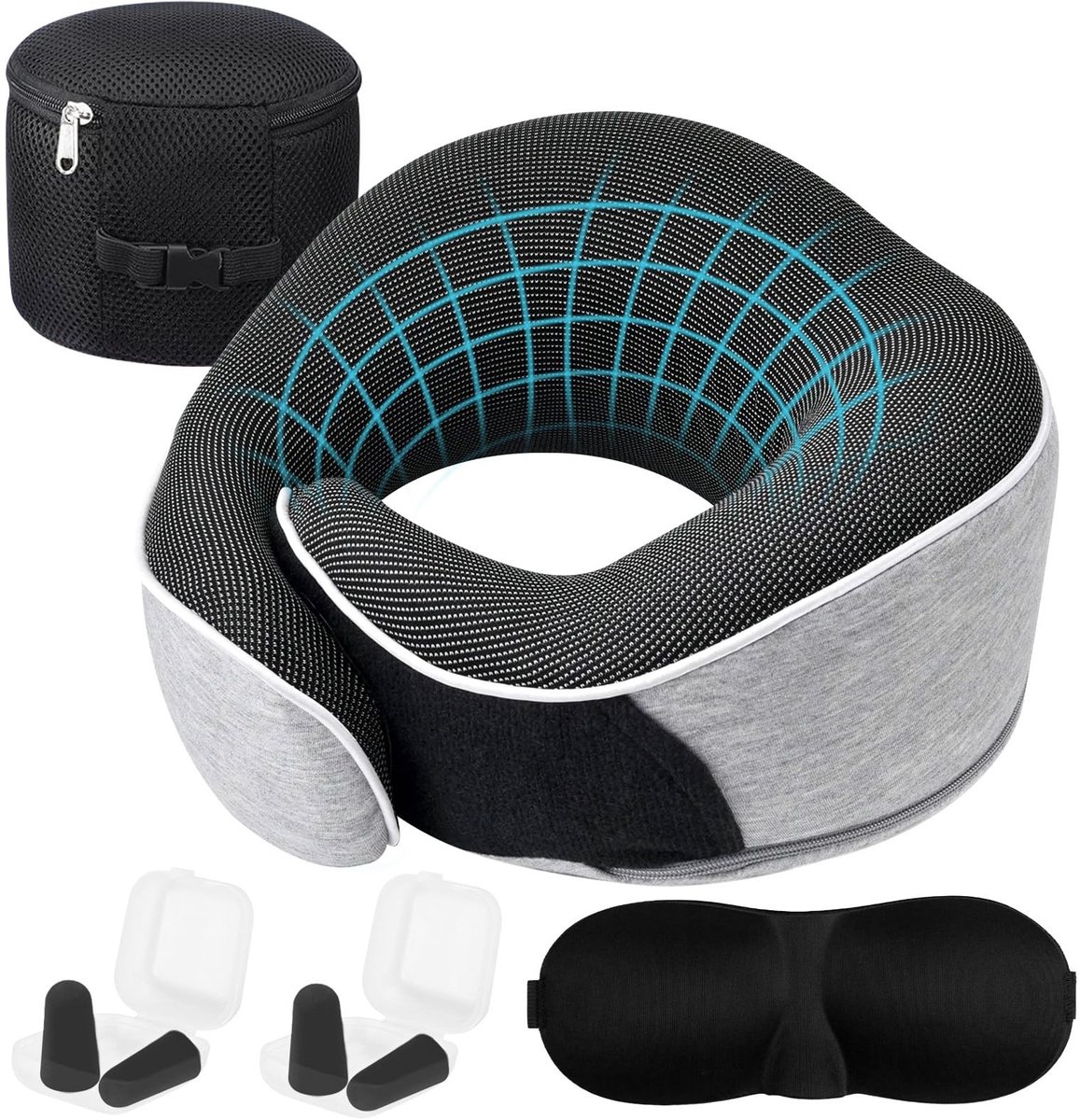 Dailygoods- Reiskussen 360° Ondersteuning - Nekkussen Vliegtuig - Traagschuim - Oogmasker - Oordoppen - Opbergtas
