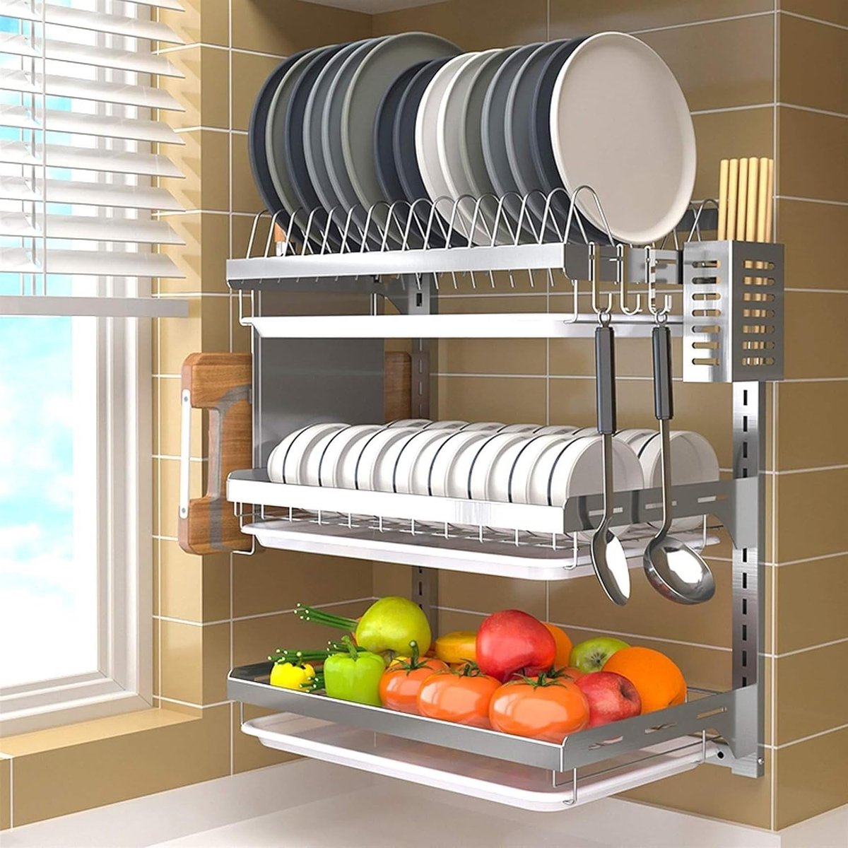 Wandrek Keuken - Afdruiprek 3 Lagen - Keuken Opruimen - Ruimtebesparend Ontwerp - 40 x 26 x 55 cm - Zilver
