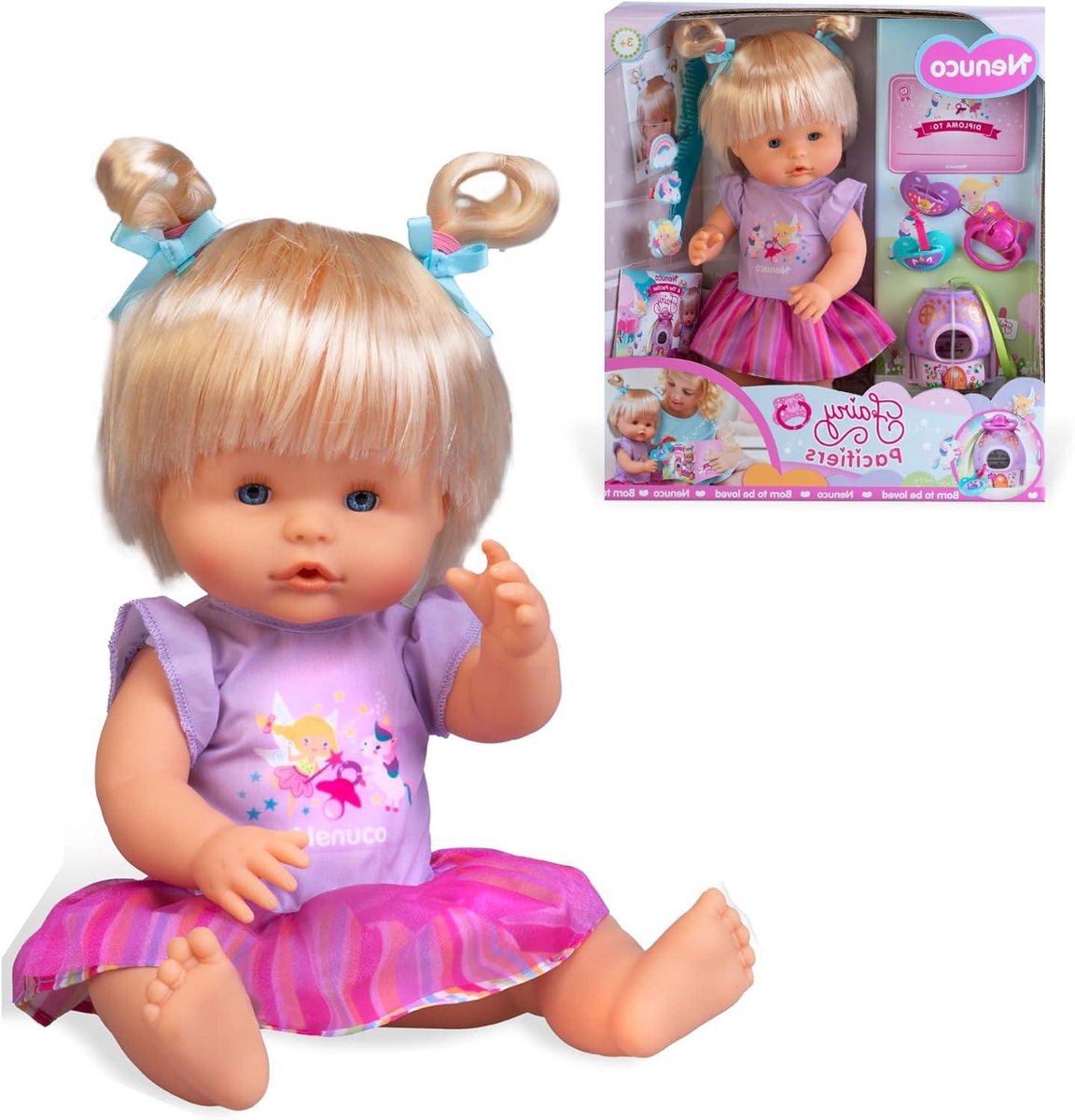 Babypop met haar - Fopspeen pop - Fopspeen afleren - Inclusief accessoires - 35 cm - Roze