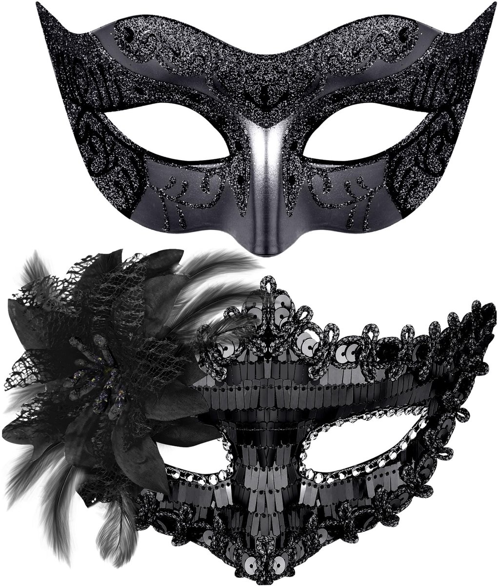 Dailygoods- Masker Venetiaans Pailletten - Feestmasker - Halloween Kostuum - Mardi Gras Masker - Voor Koppels - Zwart
