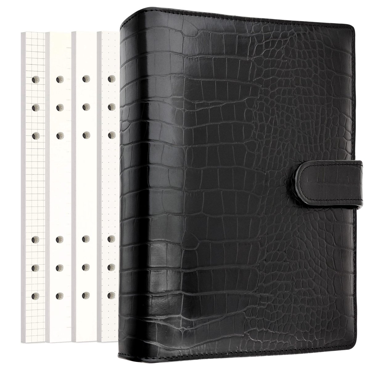 Dailygoods- Persoonlijke Agenda Premium - PU Lederen Ringband - 80 Pagina's - Penhouder - Magnetische Gesp - A5 Formaat - Zwart Krokodillentextuur - Notitieboek
