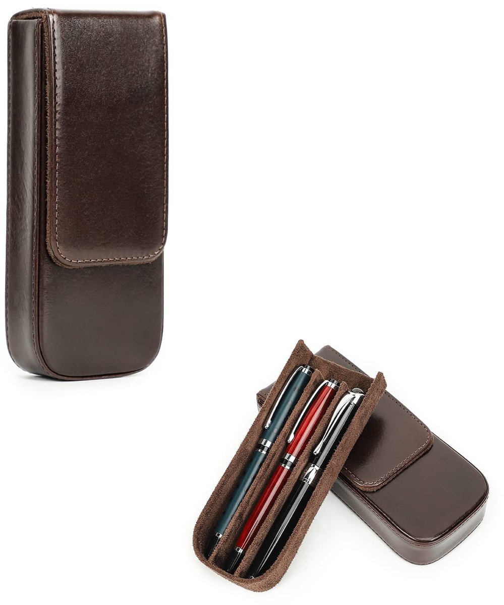 Dailygoods - Hiram Vulpenhouder Voor 3 Pennen Plantaardig Gelooid Lederen Etui met Verborgen Magnetische Kliksluiting en Pennenbakje (Koffie)