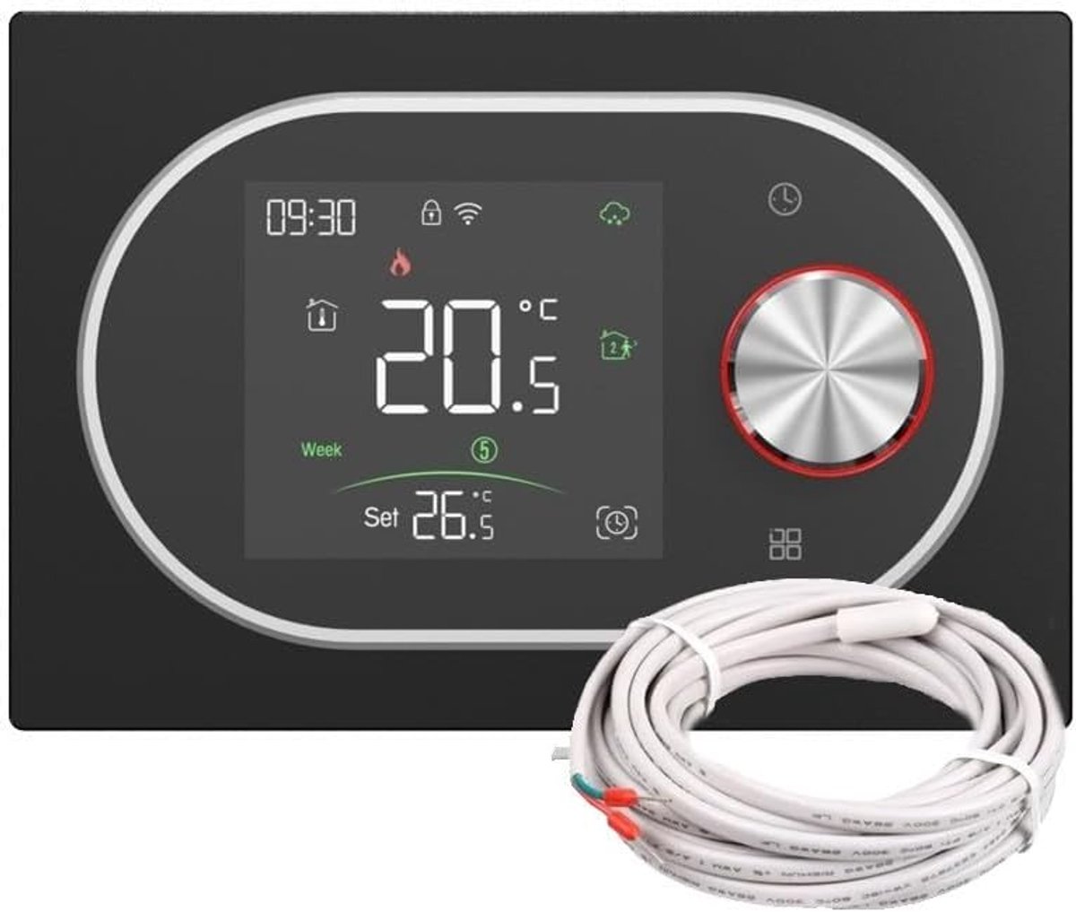 Slimme Thermostaat - Wifi Thermostaat - Klimaatregeling - App Bediening - 2-buis Systemen - Zwart Zilver