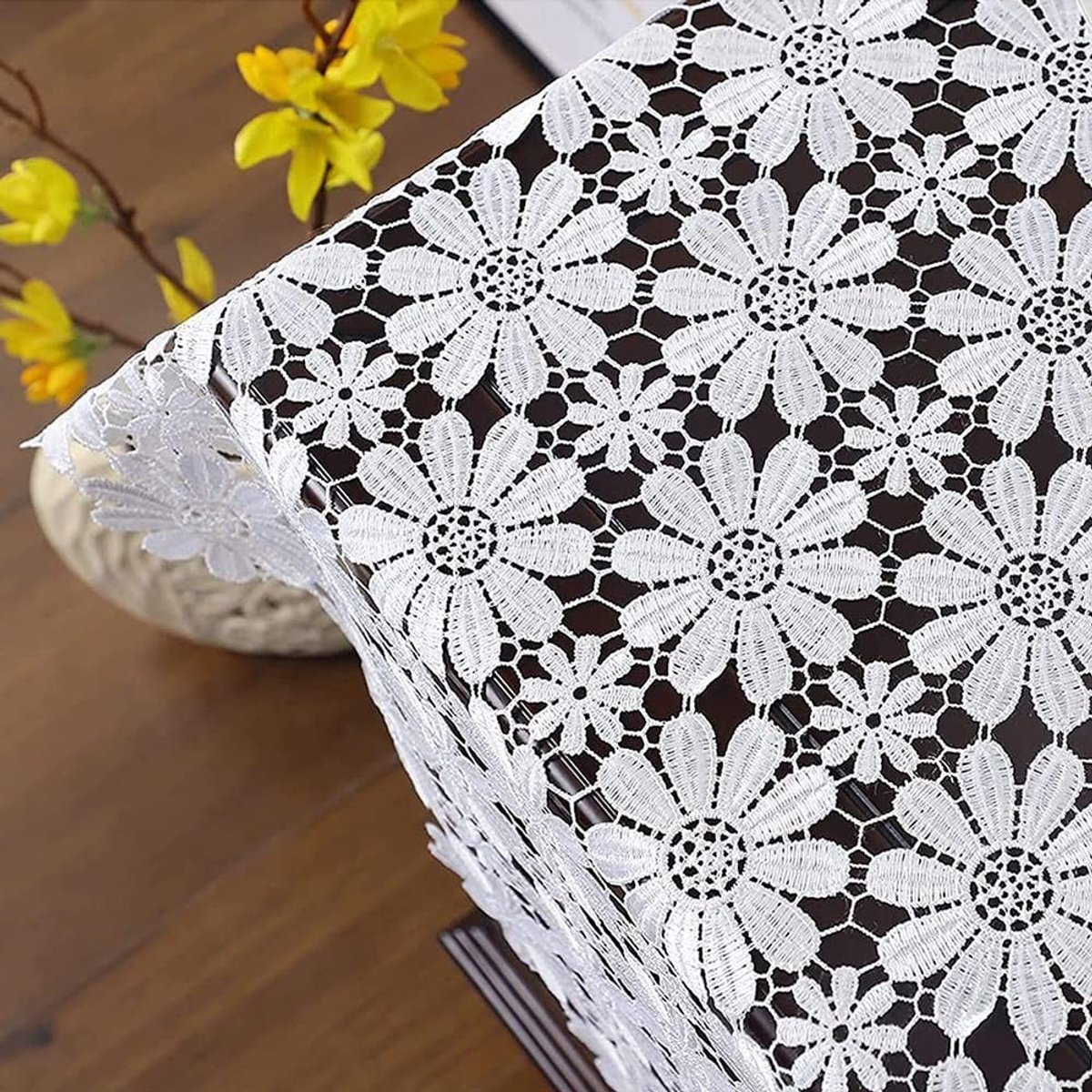 Dailygoods - Tafelloper, polyester met kant, wit met bloemenpatroon, minimalistisch ontwerp (40 x 120 cm)