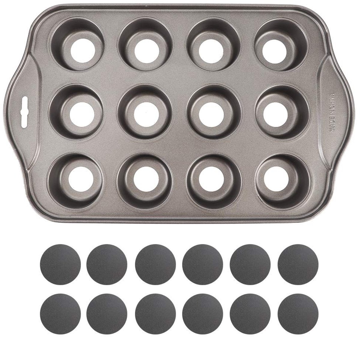 Dailygoods- Cakevorm Mini Ronde - 12 Afneembare Bodems - Antiaanbaklaag - Koolstofstaal - 33x20.8x3.8 cm - Handgreeprandontwerp - Bakvorm