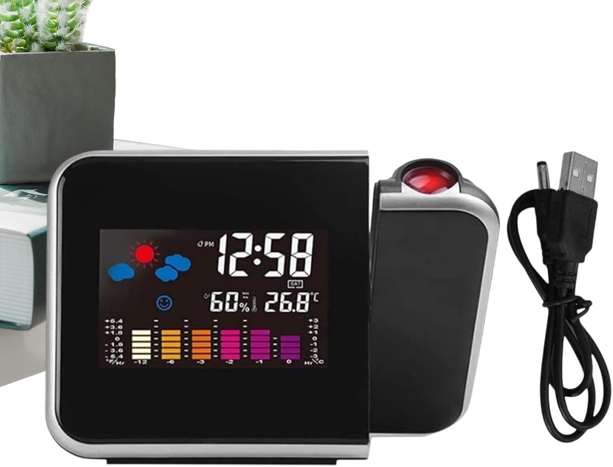 Projectiewekker - Klok met projector - Weer en tijd - 180 graden projectie - 12.1 cm breed - Zwart