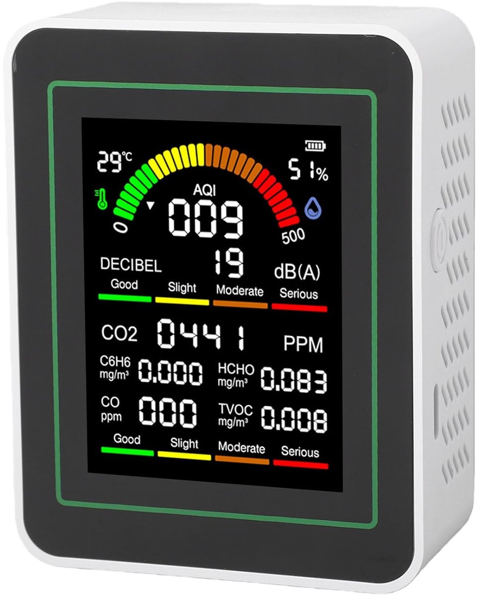 Luchtkwaliteitsmonitor - Binnenlucht Tester - Gezond Binnenklimaat - 10-in-1 Metingen - 2.8 Inch HD Scherm - Zwart