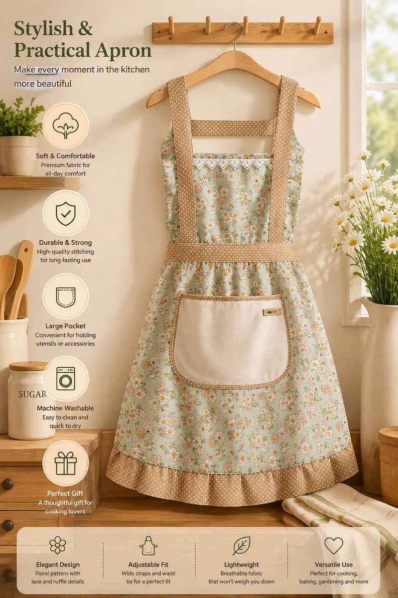 Keukenschort met bloemenprint voor dames – Kookschort met zakken, handdoek, verstelbare nekband
